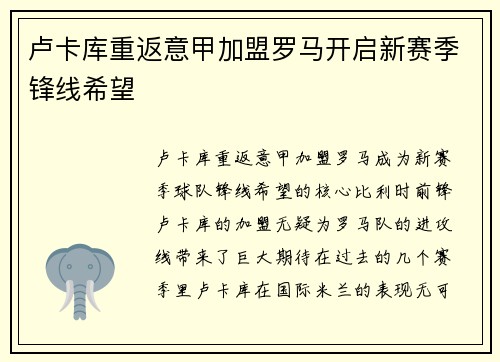 卢卡库重返意甲加盟罗马开启新赛季锋线希望